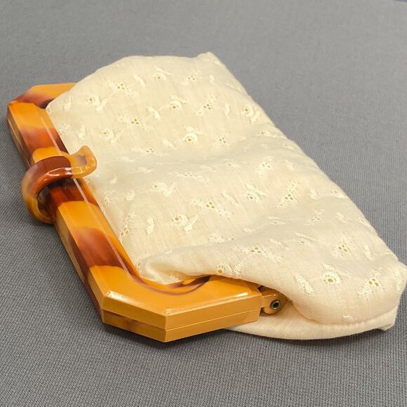 VTG 70s Eyelet Clutch Handbag Womens Ivory Boho Hippie Cottagecore Pockets Retro - Picture 2 of 12